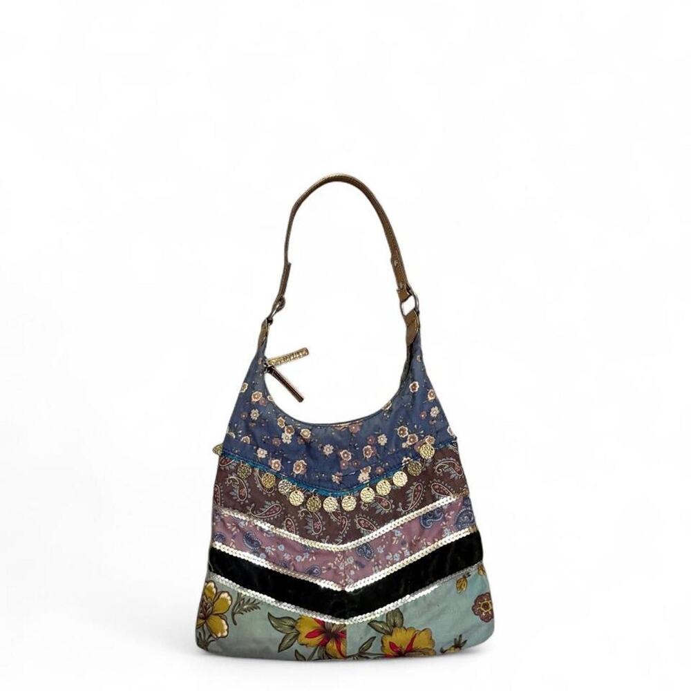 Multi-colored patchwork purse with floral and paisley prints gold coin accents
